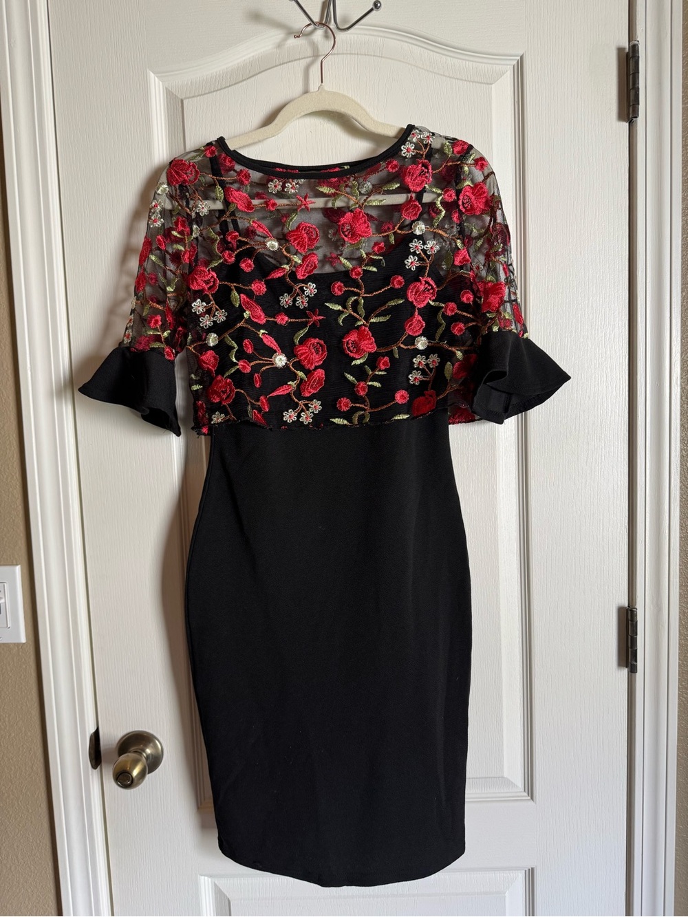 SHEIN Black Midi Dress with Red Floral Embroidery